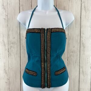 VTG Body Central Teal Blue Gold Zip-Up Chain Halter Top Bustier Y2K Size Large